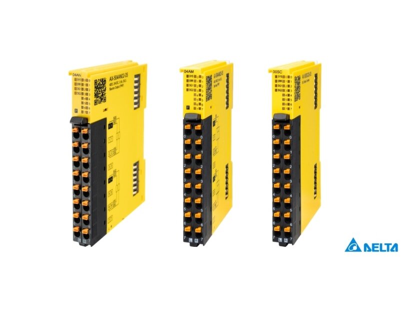 Delta AX-5 saugos valdiklis AX-500SC00-0S ir saugos įėjimų/išėjimų moduliai AX-504AM20-0S, AX-504AN02-0S
